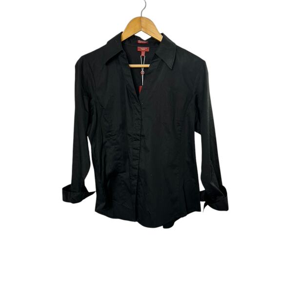 Talbots Black Stretch Cotton Sateen V Neck Button Down Blouse 16P 16 Petite New - Picture 1 of 7